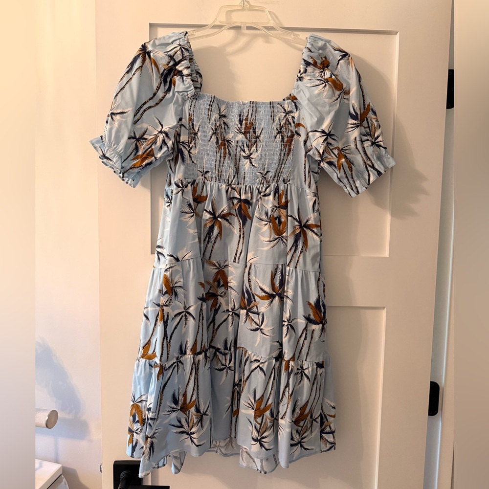 Melloday Light Blue Palm Print Puff Sleeve Dress with Pockets — Size XL - Picture 2 of 10